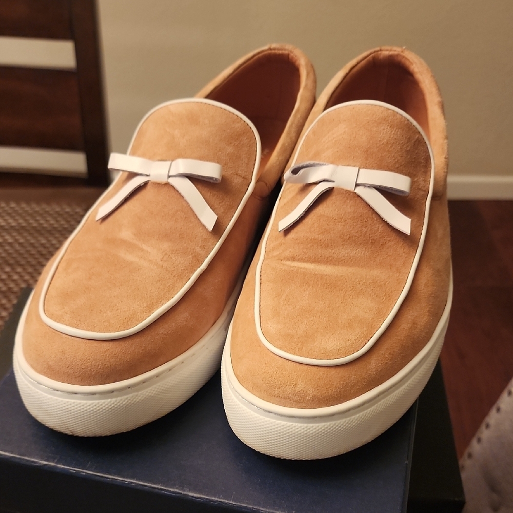 Tan Suede Men's Slip-On Shoes with White Bow